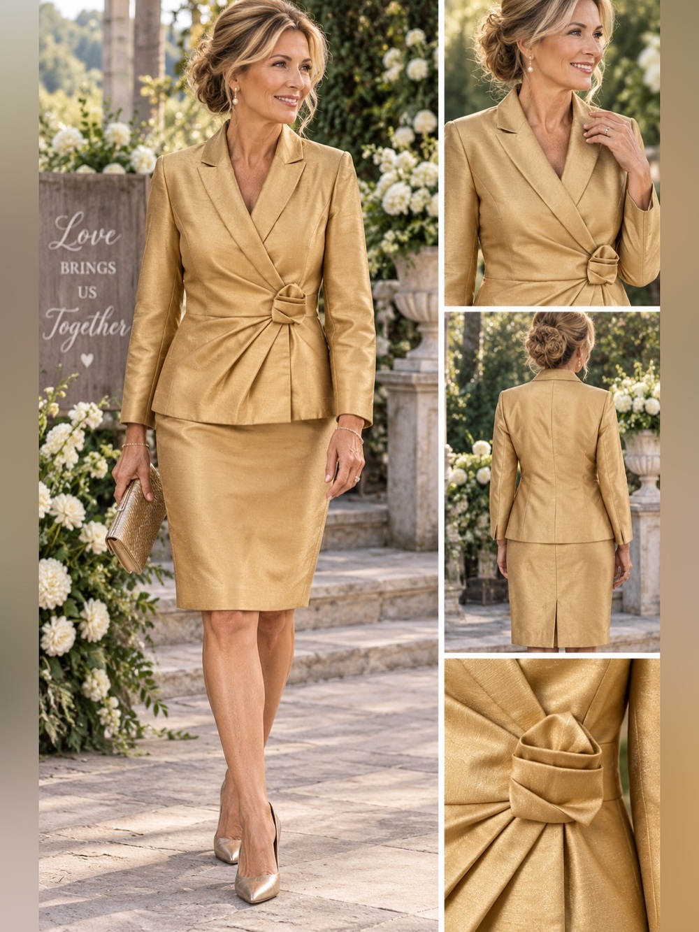 Studio Tahari Gold Rosette Jacket Skirt Suit Size 8
